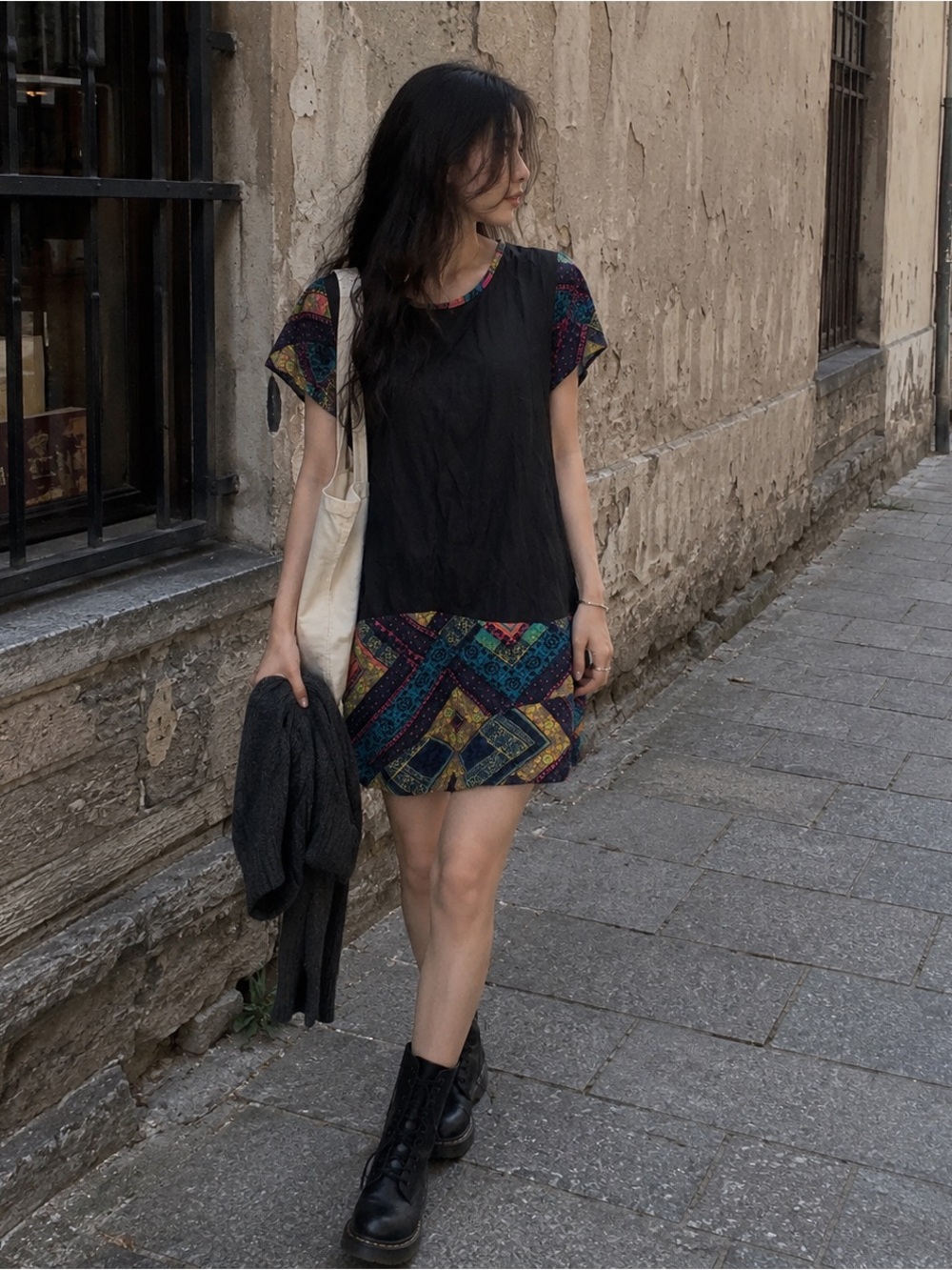 Boho Patchwork Indie Mini Dress Oversized Artsy